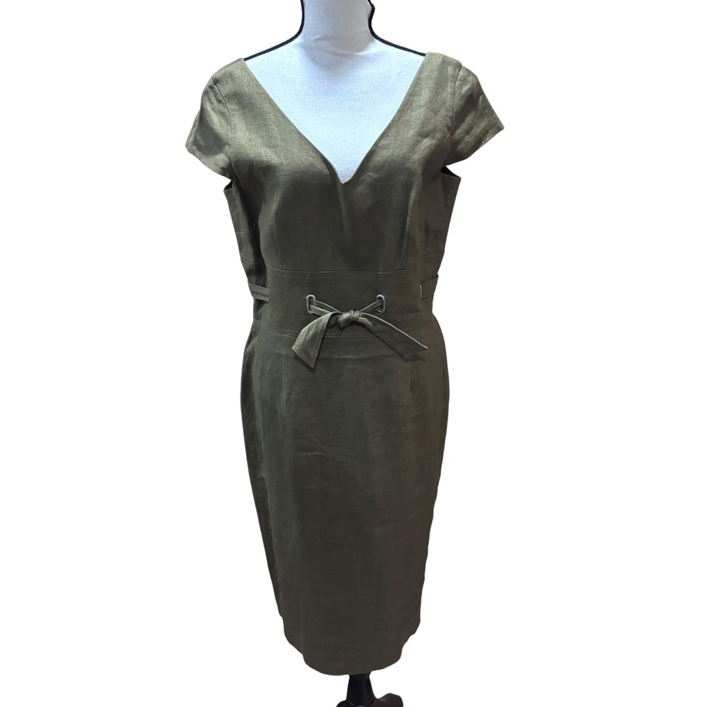 Talbots Vintage Linen Olive Green V-Neck Tie Waist Sheath Dress Size 12‎ Womens